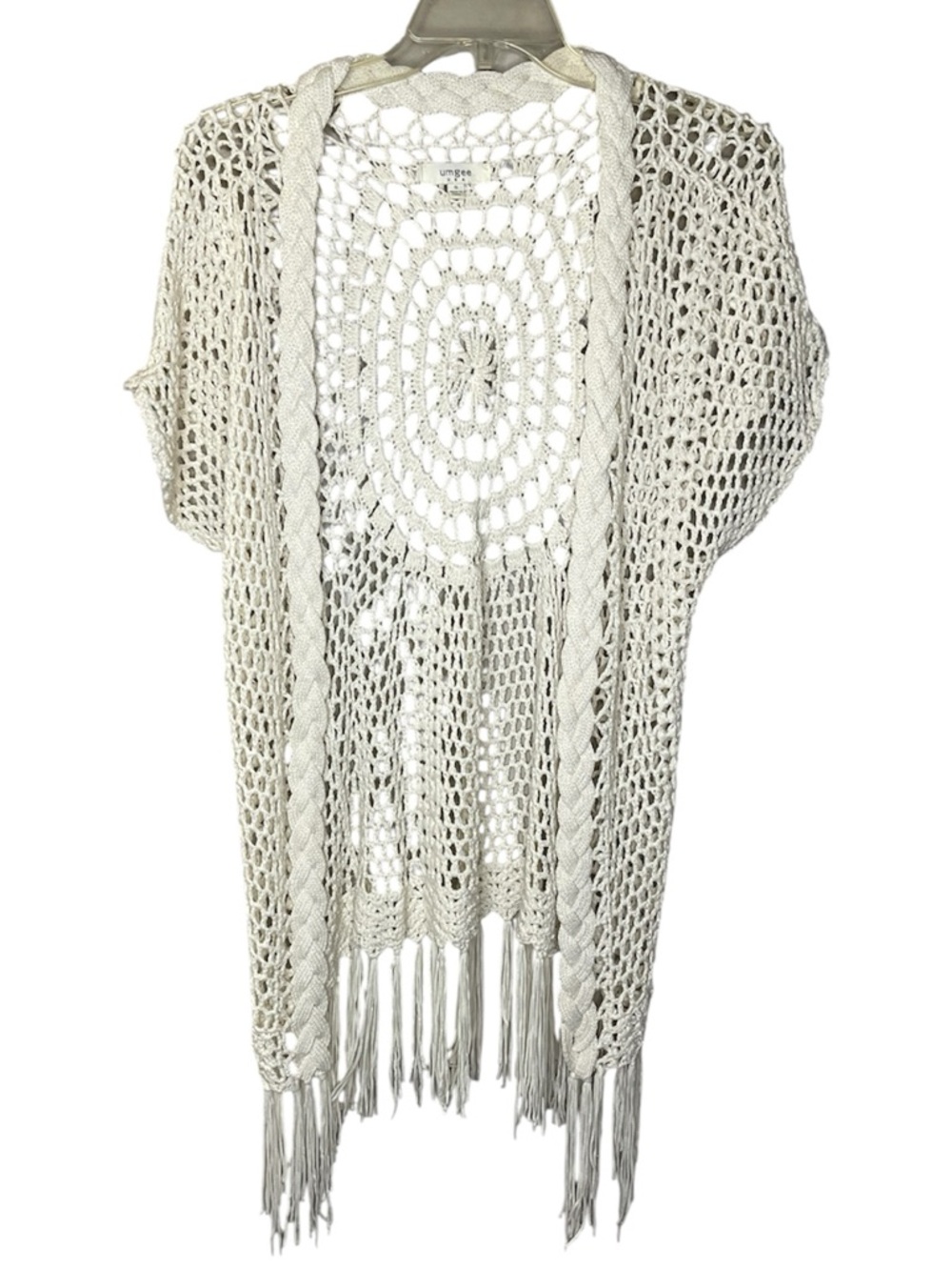 Umgee Open Crochet Fringe Kimono Cardigan - Cream Sz S - Picture 2 of 4